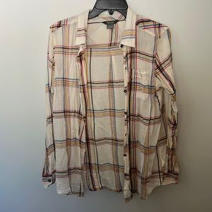 Plaid cream button down blouse.